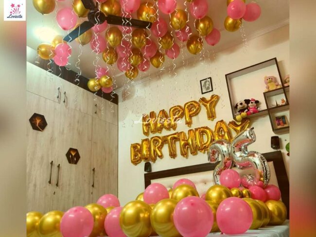 Pink & Gold Balloon Decoration For Birthday At Home