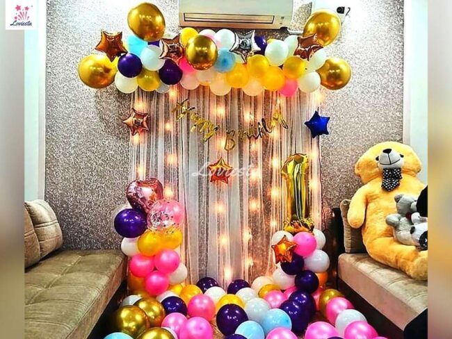 Multi-Color Balloon Wall Decoration For Birthday At Home 001 Multi-Color Balloon Wall Decoration For Birthday At Home