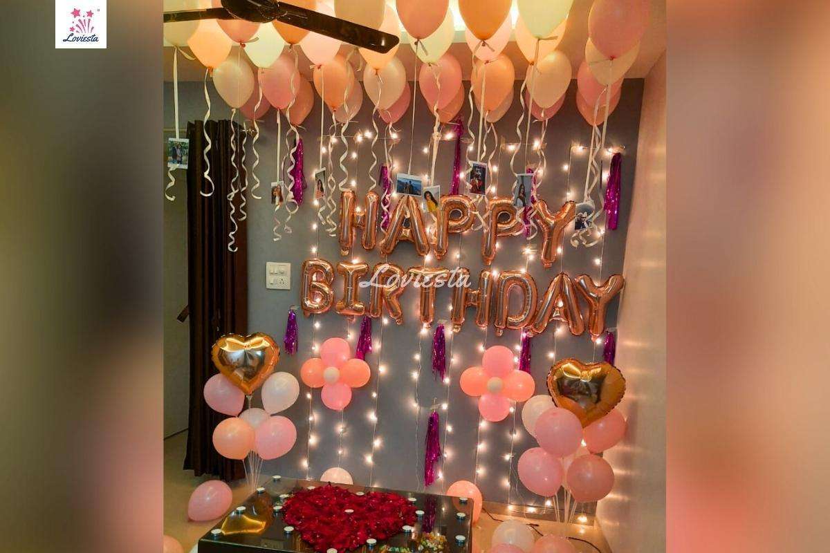 Pastel Pink Rosegold Theme Balloon Decoration At Home