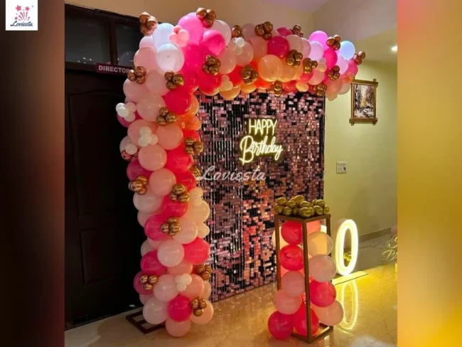 Pink & White Shimmer Theme Balloon Arch Decoration At Home